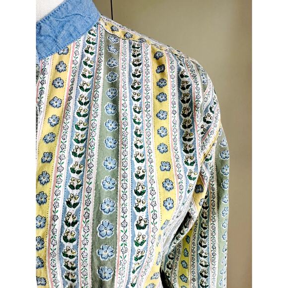 Vintage 80s Cottage Core Western Blouse Chambray Size Small Made USA Yellow Blue - Picture 2 of 10